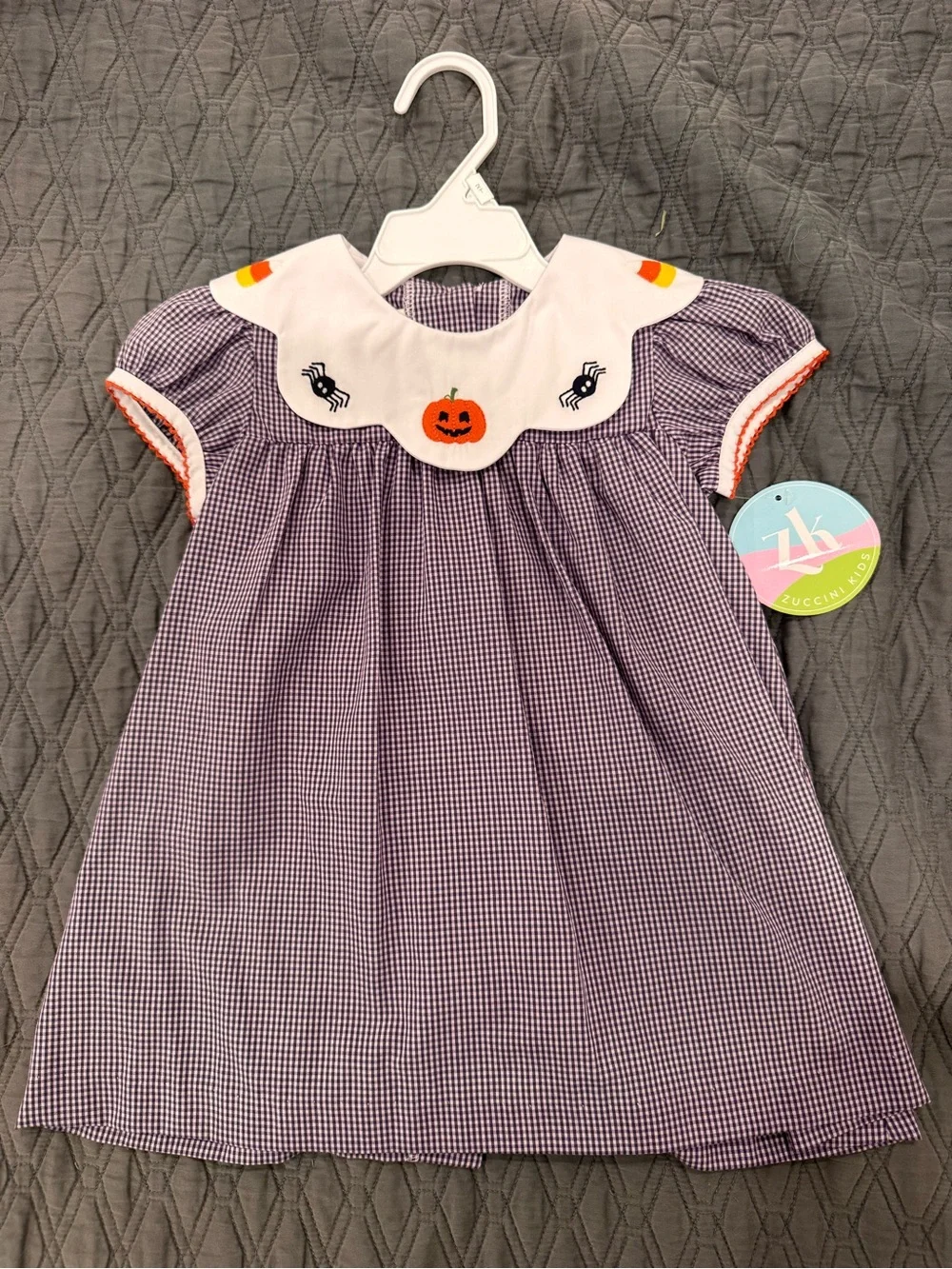 Zuccini Kids Purple Gingham Halloween Pumpkin Dress with Embroidered Collar